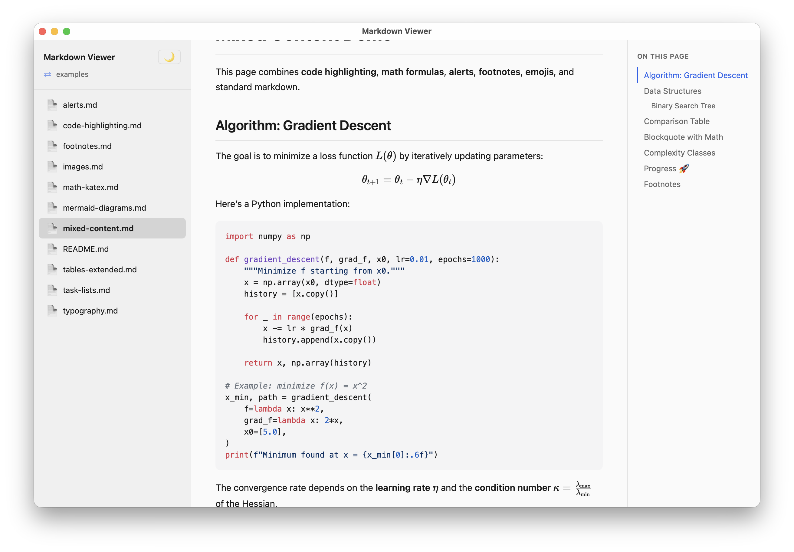 Markdown Viewer showing mixed content with code and math